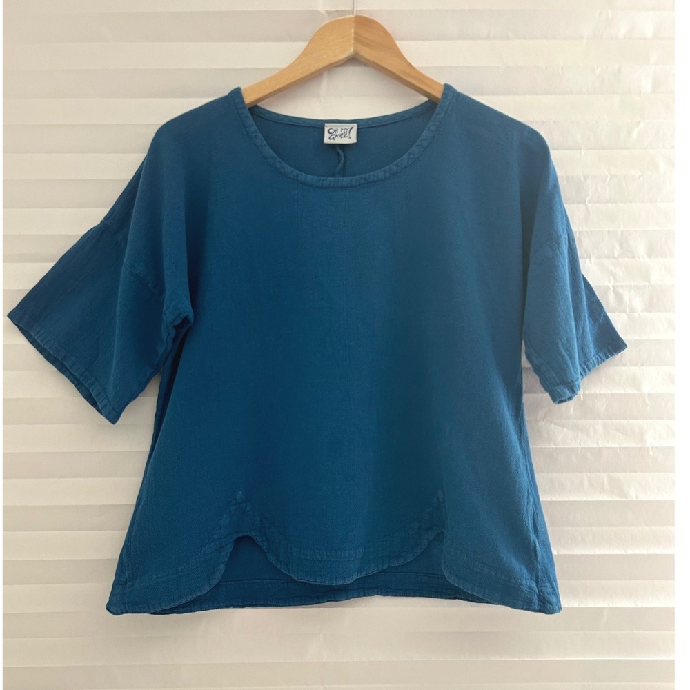 Oh My Gauze Women Teal Blue Cotton Crinkle Gauze Scalloped Hem Top Blouse OS